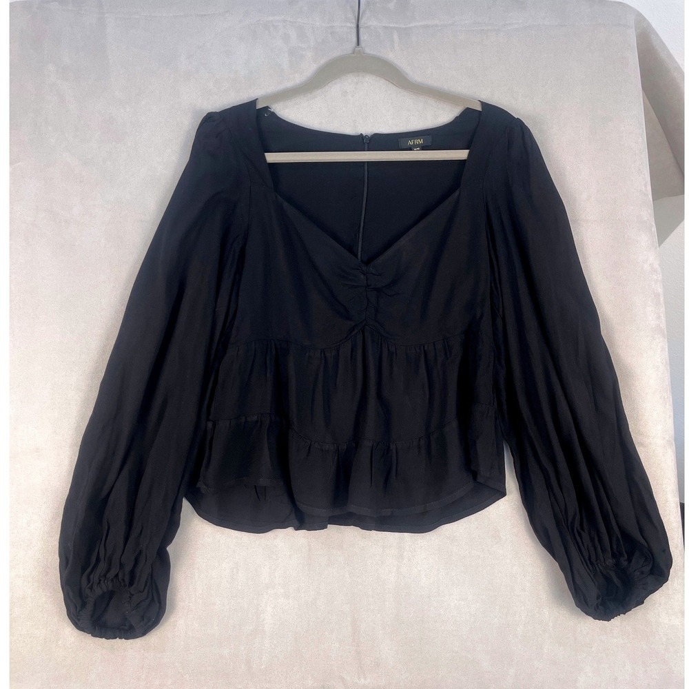 AFRM Womens Black Sweetheart Balloon Sleeve Tiered Peplum Top Medium